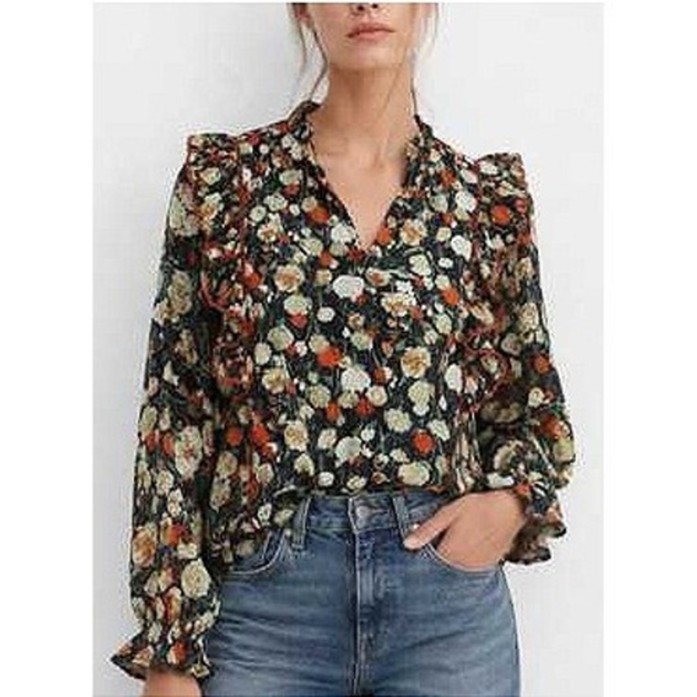 Hailey & Co Ruffle Floral Blouse Womens L Black Orange V-Neck Bohemian